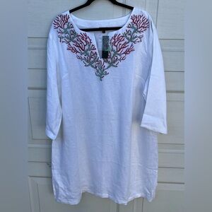 Women Talbots white Embroidery Linen Shift Dress plus 2XL 3/4 sleeves NWT